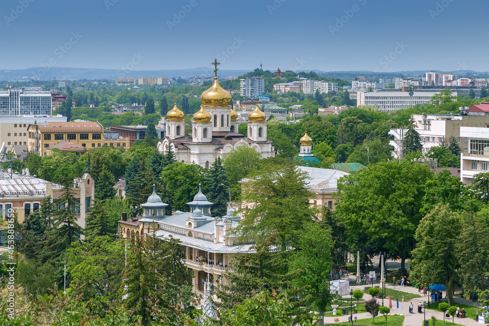 View of park Flower garden and Spassky Cathedral in Pyatigorsk, Russia