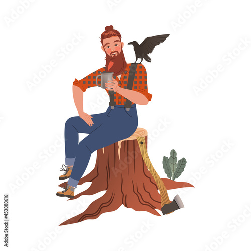 Bearded Woodman or Lumberman in Checkered Shirt and Sling Pants Sitting on Tree Stump with Mug and Raven on His Shoulder Vector Illustration