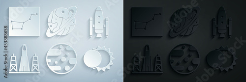 Set Planet Mars, Space shuttle and rockets, Rocket launch from the spaceport, Eclipse of sun, Saturn and Great Bear constellation icon. Vector