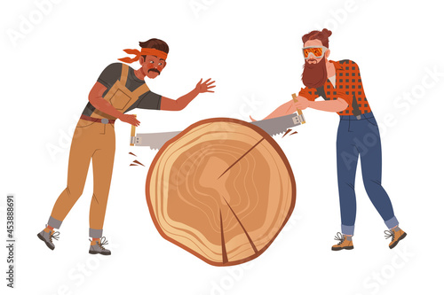 Woodman or Lumberman in Checkered Shirt Sawing Huge Tree Trunk with Saw Vector Illustration