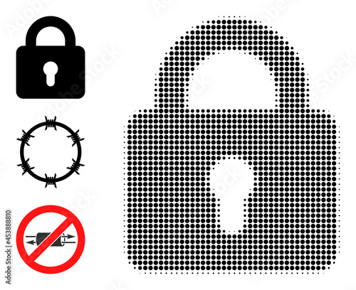 Halftone lock. Dotted lock made with small circle elements. Vector illustration of lock icon on a white background. Halftone pattern contains circle elements.