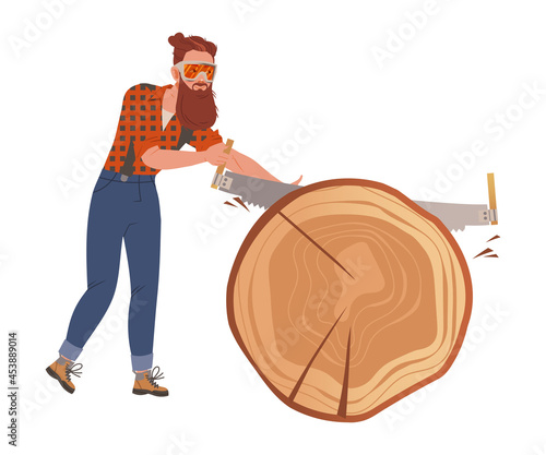 Bearded Woodman or Lumberman in Checkered Shirt and Sling Pants Sawing Wood or Log Vector Illustration