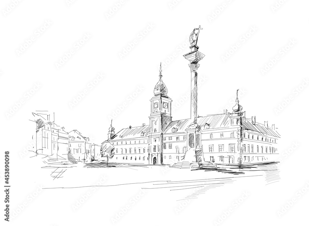 Plac Zamkowy w Warszawie. Szkic odręczny wykonany przez artystę