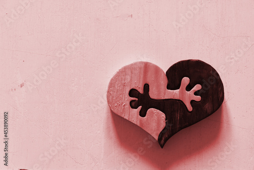 wooden heart ying yang hands red sepia