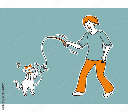 猫と遊ぶ女性（シンプル）