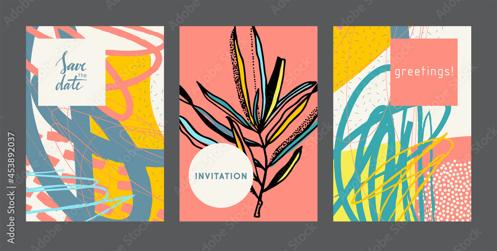 Set of creative abstract cards with twig. Designs for prints, wedding, anniversary, birthday, Valentine's day, party invitations, posters, cards, etc. Vector. Isolated.