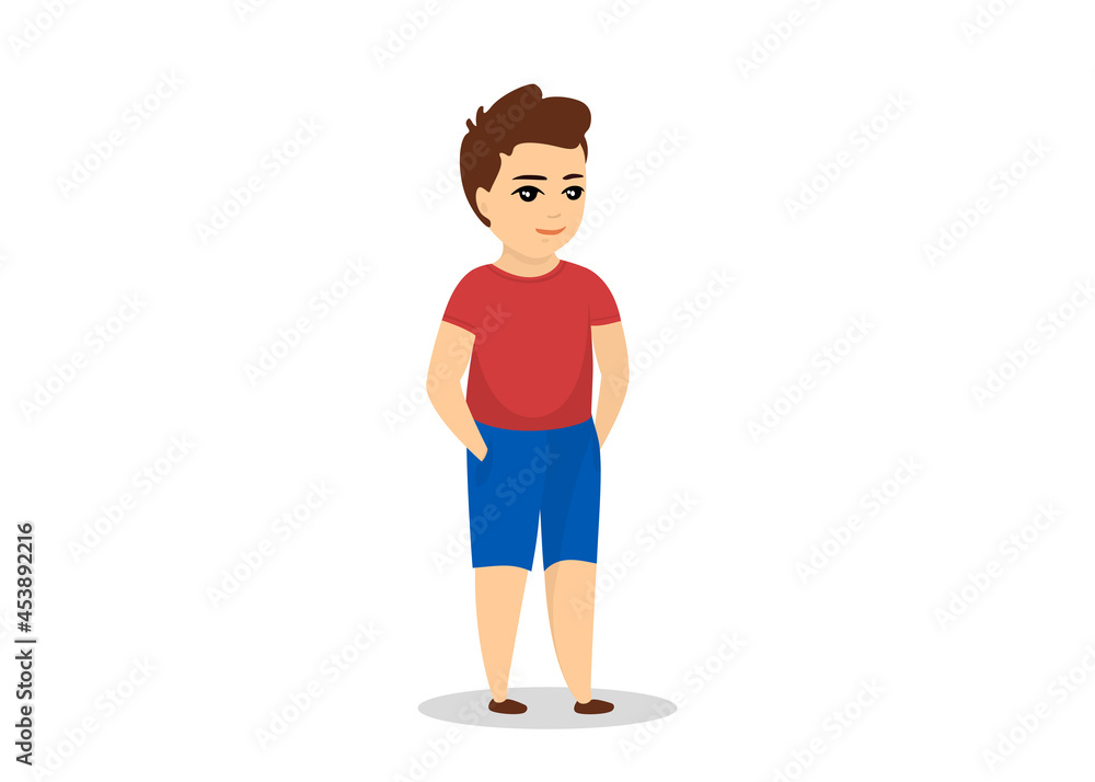 Boy stands and smiles in blue shorts and red t-shirt. Vector isolated eps illustration