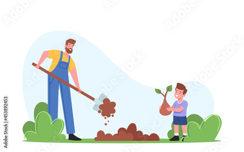 Farmers or Cottagers Working in Garden. Father Digging Soil, Son Planting Sprout to Ground, Family Care of Trees