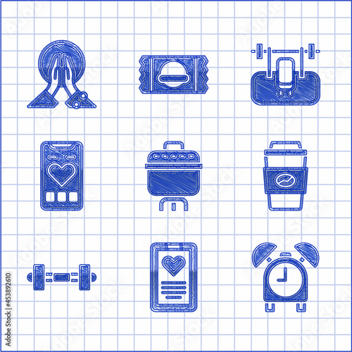 Set Cooking pot, Medical clipboard, Alarm clock, Coffee cup to go, Dumbbell, Mobile with heart rate, Bench barbel and Meditation icon. Vector