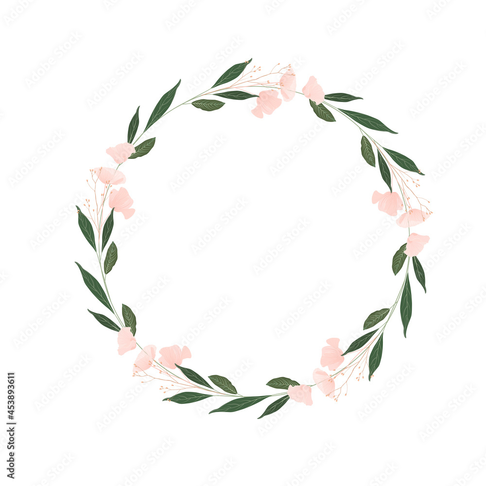 Round frame made of pink flowers. Poppies vector stock illustration. A gentle invitation card for a wedding. An element for postcards, a poster to save a date or a greeting design.
