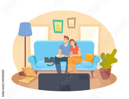 Young Couple Watching TV at Home. Male and Female Characters Sitting on Couch Together with Pizza and Cat on Weekend