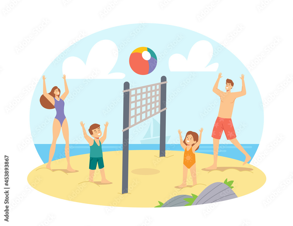 Parents and Children Playing Beach Volleyball on Sea Shore. Happy Family Characters Competition, Game and Recreation
