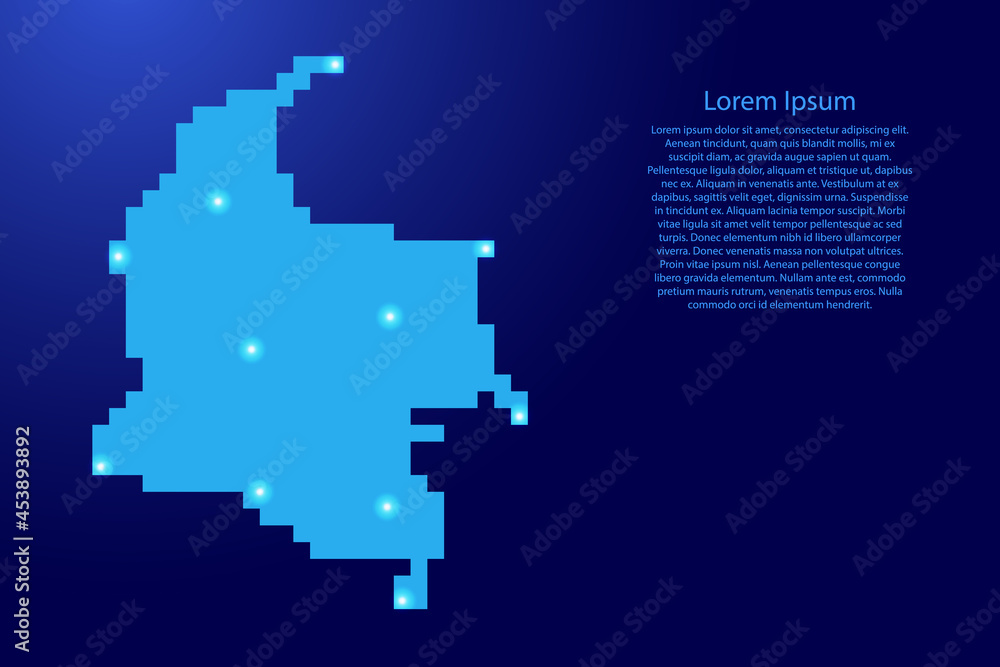 Colombia map silhouette from blue square pixels and glowing stars. Vector illustration.