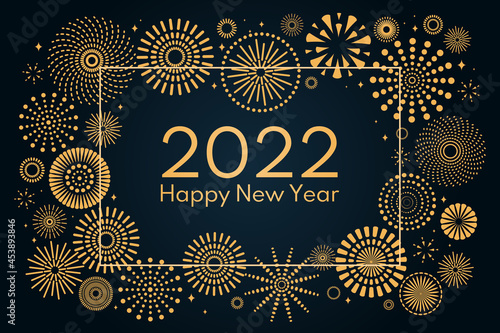 Golden fireworks 2022 Happy New Year, bright on dark background, with text. Flat style vector illustration. Abstract geometric design. Concept for holiday greeting card, poster, banner, flyer.