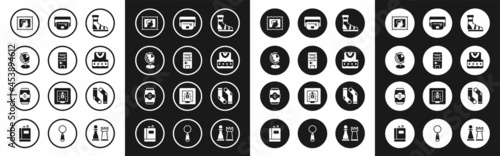 Set Slippers with socks, Computer, Earth globe, Postal stamp, Waistcoat, bag of banana, Socks and Energy drink icon. Vector