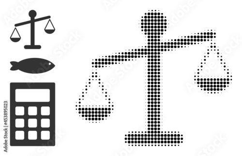 Halftone weight disbalance. Dotted weight disbalance designed with small spheric pixels. Vector illustration of weight disbalance icon on a white background. Halftone pattern contains circle pixels.