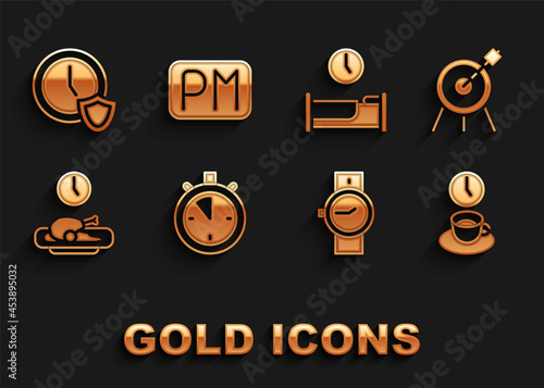 Set Stopwatch, Target sport, Coffee time, Wrist, Food, Time sleep, Clock with shield and Day icon. Vector
