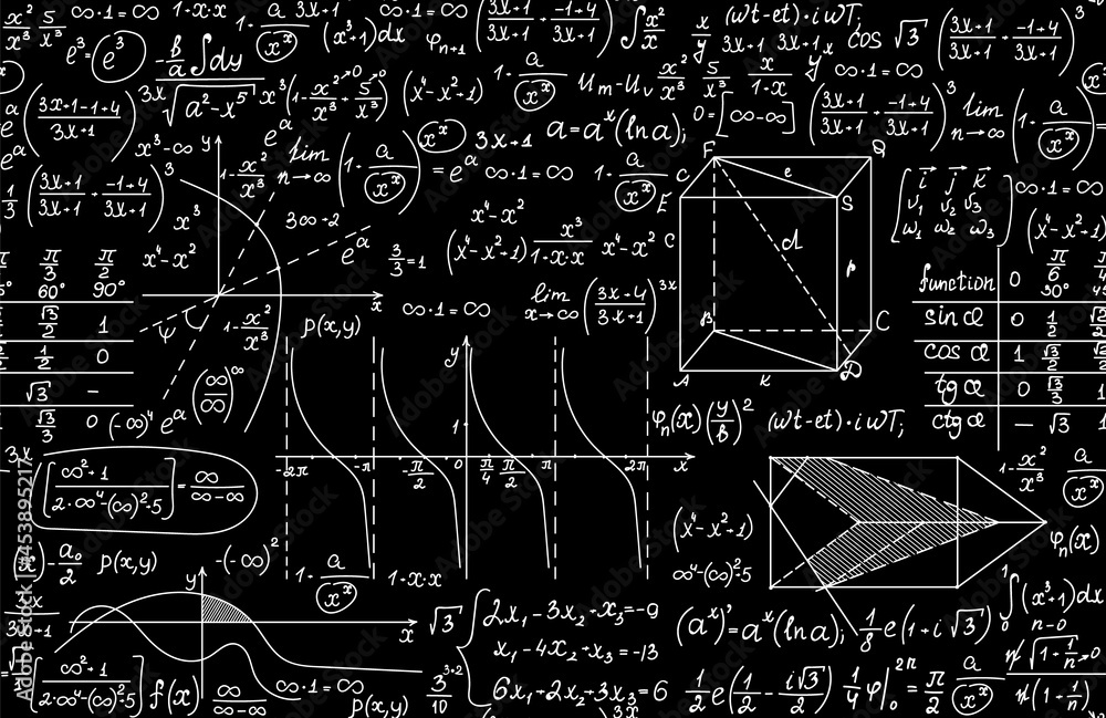 Fototapeta premium Math vector seamless pattern with handwritten mathematical formulas, calculations, figures, chalk writings on blackboard