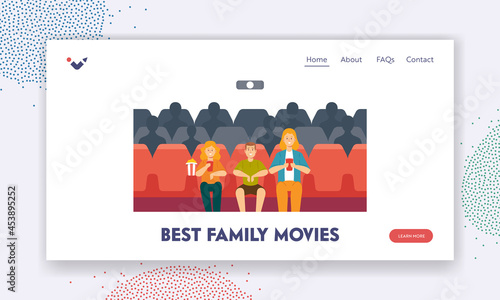 Best Family Movies Landing Page Template. Young Mother, Daughter and Son Enjoying Film at Movie Theatre. Happy Family