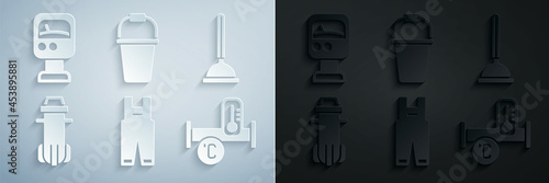 Set Work overalls, Rubber plunger, Water filter, Industry metallic pipe, Bucket and Pressure water meter icon. Vector
