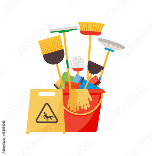 Assorted cleaning items set with brooms, bucket, mops, spray, brushes, sponges. Cleaning accessories flat style.