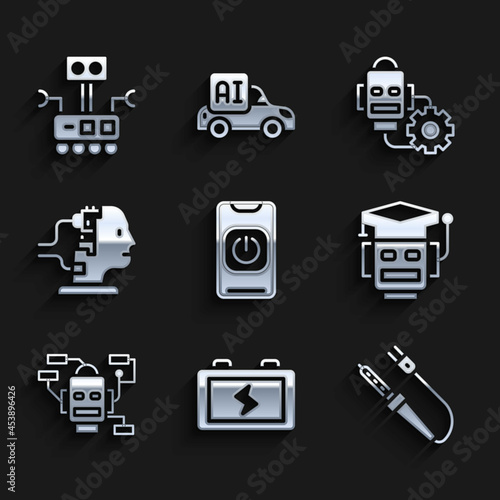 Set Turn off robot from phone, Battery, Soldering iron, Robot, for maintenance, setting and icon. Vector