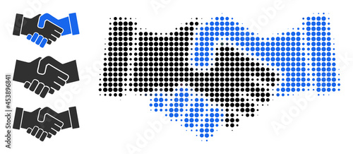 Halftone business hands. Dotted business hands made with small spheric pixels. Vector illustration of business hands icon on a white background. Halftone array contains circle pixels.