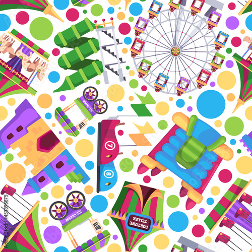 Amusement pattern. Carousel festive attractions for kids wheels roller cotton and sweets garish vector seamless background for textile design projects