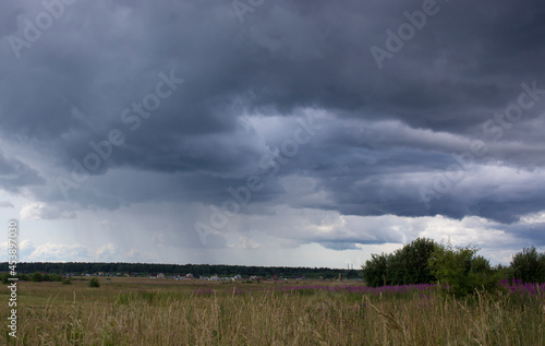 Landscape with dramatic sky and unripe wheat field at rainy summer season. Dirt road with dark storm clouds