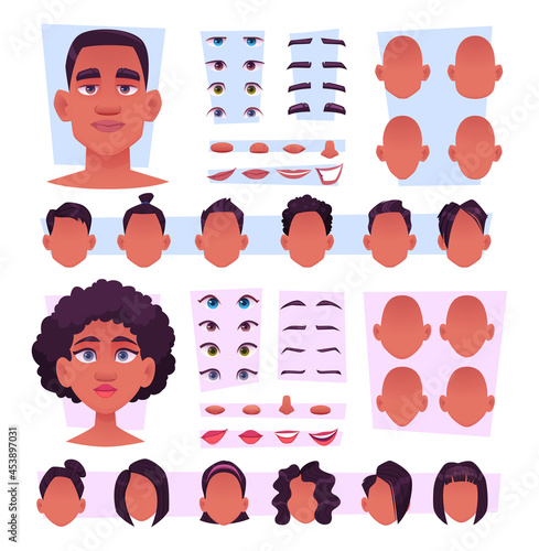 Afro characters. Stylish african persons avatar creation kit big eyes nose mouth afro hair black skin tone exact vector constructor templates