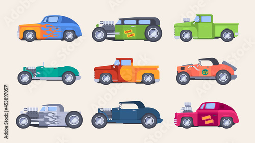 Classic cars. Vintage tuning vehicles colored cars old style models fast movements garish vector illustrations set
