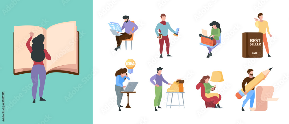Journalist characters. Digital writers and bloggers communicate online book paper professional typing using laptop garish vector flat illustration Journalist characters. Digital writers and bloggers communicate online book paper professional typing using laptop garish vector flat illustration