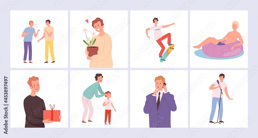 Male characters. Lifestyle, men activities. Diverse boys relaxed working swimming. People life vector illustration