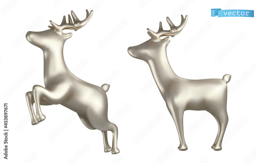 Fototapeta premium Silver deer, Christmas decoration. 3d realistic vector icon
