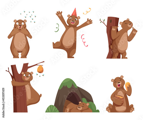 Bear cartoon. Wild funny animal in action poses brown comic bear with honey exact vector characters set