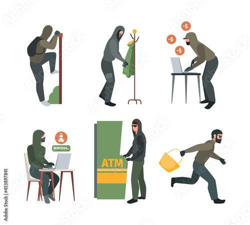 Robbery characters. Burglaries apartment and computers thieves garish vector stylized bad robbery peoples