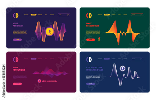 Audio assistant. Sound waves and microphones colored landing pages templates collection mobile digital voice screen visualization app garish vector designs collection