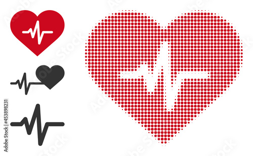 Halftone heart pulse. Dotted heart pulse designed with small circle pixels. Vector illustration of heart pulse icon on a white background. Halftone array contains circle points.