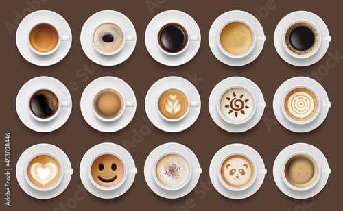 Coffee drinks. Espresso foam top view cappuccino americano different drinks decent vector isolated realistic illustrations set