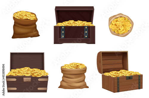 Open pirate chest. Wooden realistic vintage chest and textile sack full of golden coins money and treasures decent vector 3d illustrations collection