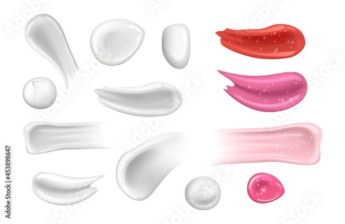 Cream cosmetic smears. White creamy and lipstick elements. Isolated gel, yogurt vector realistic stroke