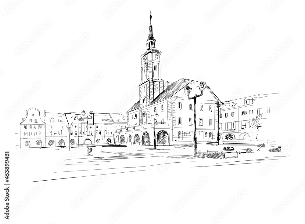 Centrum miasta Gliwice na Śląsku w Polsce. Szkic odręczny wykonany przez artystę na białym tle - obrazy, fototapety, plakaty 