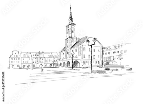 Centrum miasta Gliwice na Śląsku w Polsce. Szkic odręczny wykonany przez artystę na białym tle photo