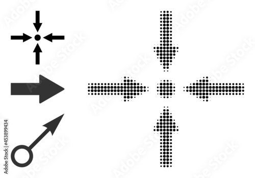 Halftone meeting point. Dotted meeting point constructed with small round dots. Vector illustration of meeting point icon on a white background. Halftone pattern contains circle dots.