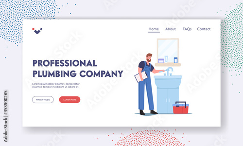 Professional Plumbing Company Landing Page Template. Plumber Character Fixing Broken Sink at Home Bathroom