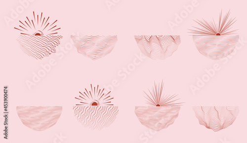 Sunset icons and logos in boho style .Trendy design elements . Contemporary abstract vector striped geometric background pattern .Half sun symbols .
