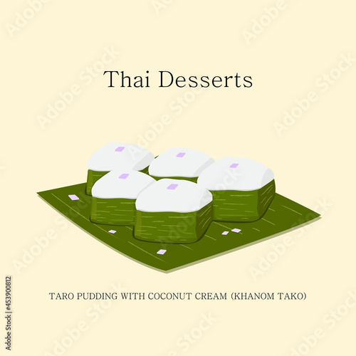 Vector illustration of Thai dessert coconut milk, sugar and flour put on banana leaves. Kanom Tako
