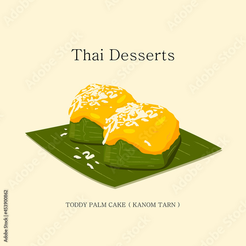 vector illustration of Thai dessert yellow fluff on green banana leaves Garnish with coconut. Kanom Tarn