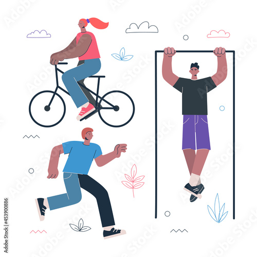 Healthy lifestyle fitness and street workout sports exercises concept. Persons ride bicycle, running and pull up on horizontal bar. Man and woman work-out set vector eps illustration
