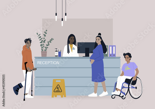A health clinic reception, people waiting for their appointments